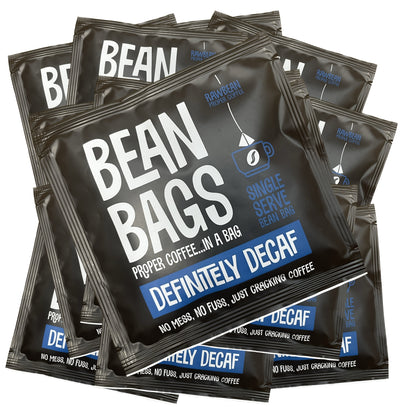 Definitely Decaf Raw Bean Bean Bags, box of 50 individually wrapped pyramid coffee bags