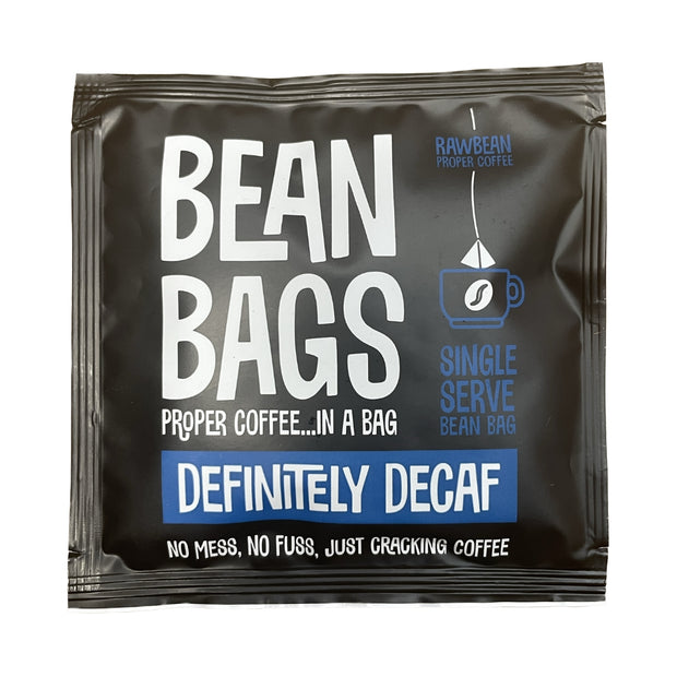 Definitely Decaf Raw Bean Bean Bags. Pyramid coffee bag in recyclable envelope