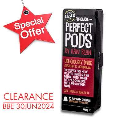 On Special Offer as best before end 30th June 2024: Great Taste Award winning Raw Bean Perfect Pods Deliciously Dark. 100% Arabica Brazilian and Nicaraguan coffee blend. Recyclable 100% aluminium capsules compatible with Nespresso original line machines