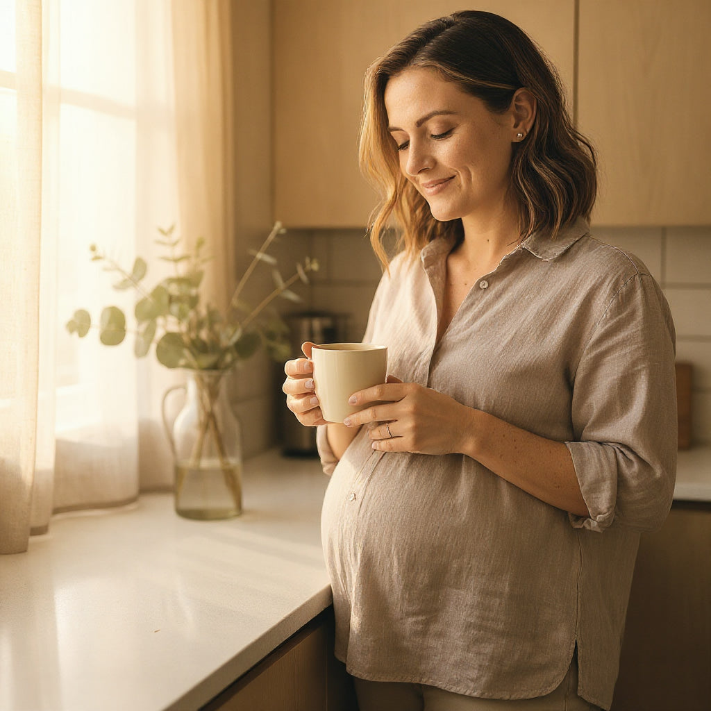 A pregnant woman with a cup of decaf coffee in a sunlit kitchen