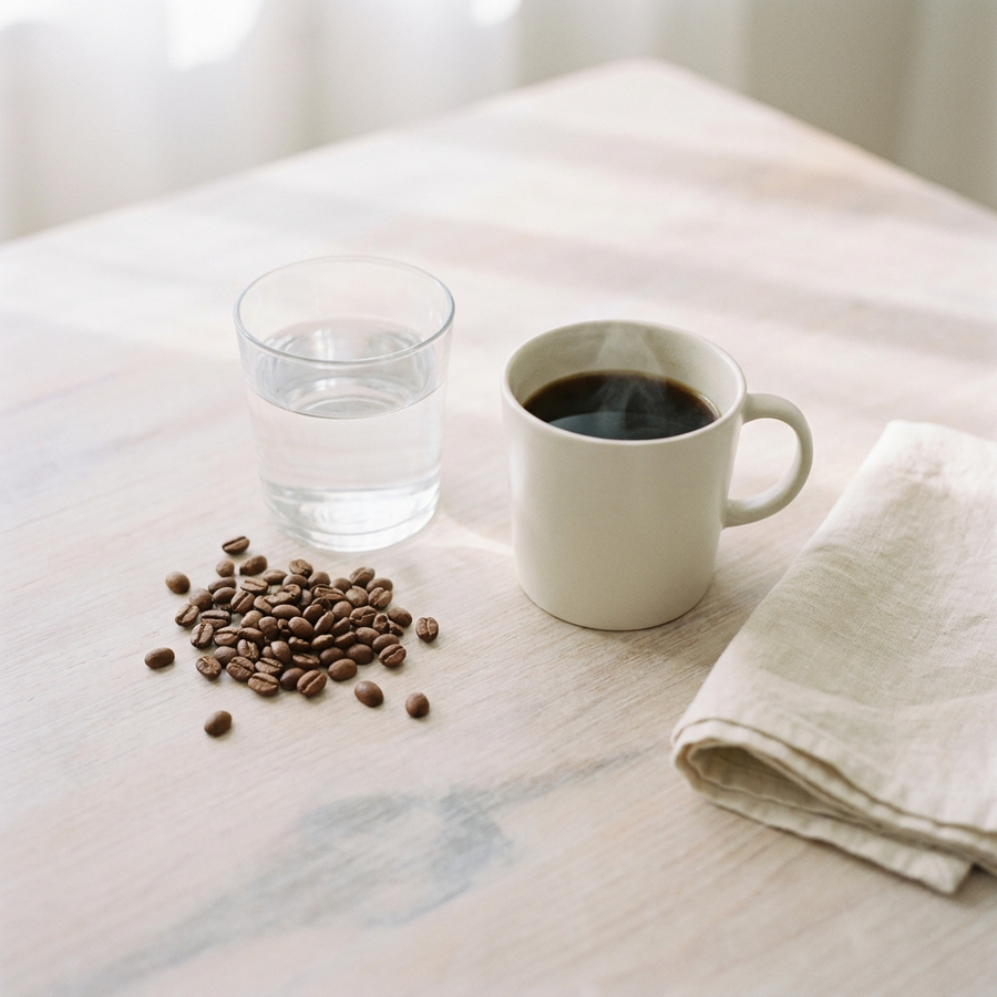 A glass of clear water beside a cup of black coffee and coffee beans