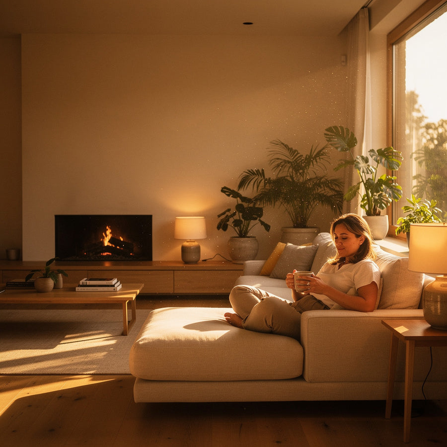 A warm living room at golden hour with a woman relaxing with a mug of coffee