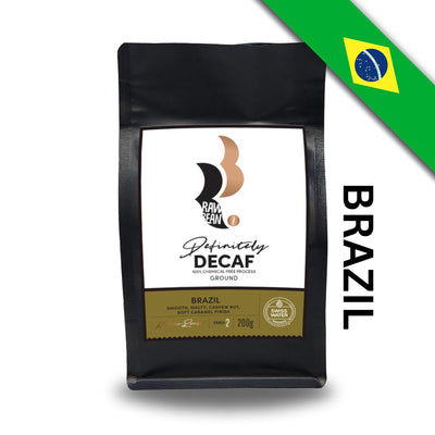 Brazilian Definitely Decaf by Raw Bean. Swiss Water 100% Chemical Free Process. Ground Coffee 200g. Tasting Notes: smooth, malty, cashew nut, soft caramel finish. Medium Roast. Strength 2. 
