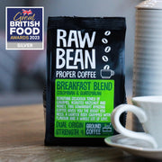Great British Food award winning Raw Bean Breakfast Blend ground coffee. A blend of Colombian and Guatemalan Arabica coffee. Strength 4. 227g bag.