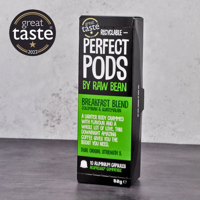 Great Taste Award winning Raw Bean Perfect Pods Breakfast Blend. 100% Arabica Colombian and Guatemalan coffee blend. Recyclable 100% aluminium capsules compatible with Nespresso original line machines