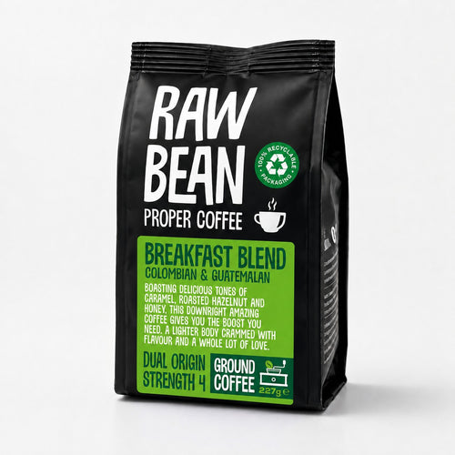 A 227g pack of Raw Bean Breakfast Blend ground coffee — Colombian & Guatemalan dual origin, strength 4, on white background