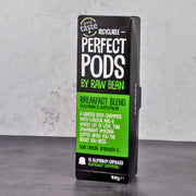 Raw Bean Perfect Pods Breakfast Blend. 100% Arabica Colombian and Guatemalan coffee blend. Recyclable 100% aluminium capsules compatible with Nespresso original line machines