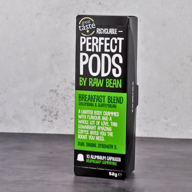 Raw Bean Perfect Pods Breakfast Blend. 100% Arabica Colombian and Guatemalan coffee blend. Recyclable 100% aluminium capsules compatible with Nespresso original line machines