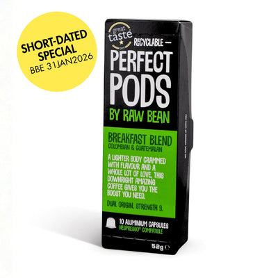 Pack of Raw Bean Perfect Pods Breakfast Blend on a white background with a yellow sale badge reading Short Dated Special Best Before End 31JAN2026