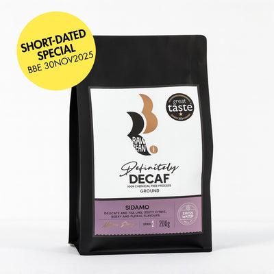 Special offer on short-dated stock BBE 30NOV2025. Great Taste Award winning Ethiopian Sidamo Definitely Decaf ground coffee by Raw Bean. Decaffeinated by Swiss Water Process the 100% Chemical Free Process. Tasting Notes: delicate and tea-like, zesty citric and berry notes, floral aromas. Medium Roast. Strength 2. 200g pack.