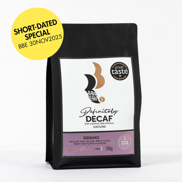 Special offer on short-dated stock BBE 30NOV2025. Great Taste Award winning Ethiopian Sidamo Definitely Decaf ground coffee by Raw Bean. Decaffeinated by Swiss Water Process the 100% Chemical Free Process. Tasting Notes: delicate and tea-like, zesty citric and berry notes, floral aromas. Medium Roast. Strength 2. 200g pack.