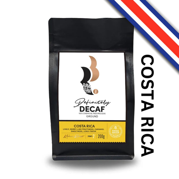 200g pack of Costa Rican Definitely Decaf coffee by Raw Bean. Decaffeinated by Swiss Water Process, the 100% Chemical Free Process. Lively, berry-like fruitiness, caramel sweetness, long finish. Medium Roast