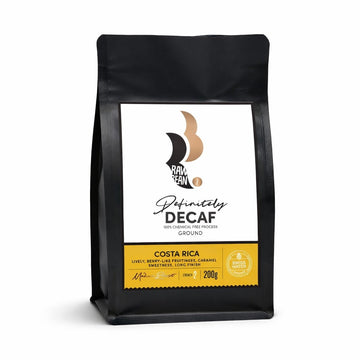 200g pack of Costa Rican Definitely Decaf coffee by Raw Bean. Decaffeinated by Swiss Water Process, the 100% Chemical Free Process. Lively, berry-like fruitiness, caramel sweetness, long finish. Medium Roast