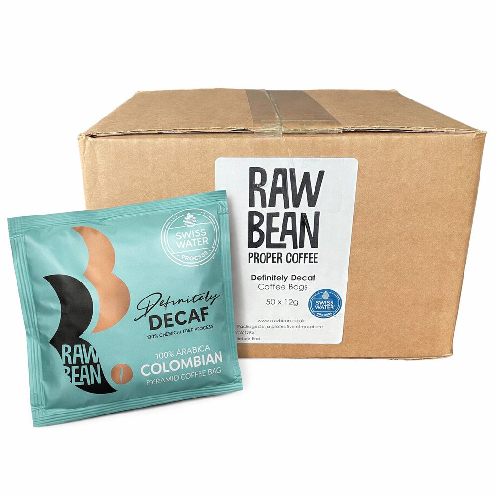 Kraft case of 50 x 12g Raw Bean Definitely Decaf Coffee Bags with Tag and Envelope