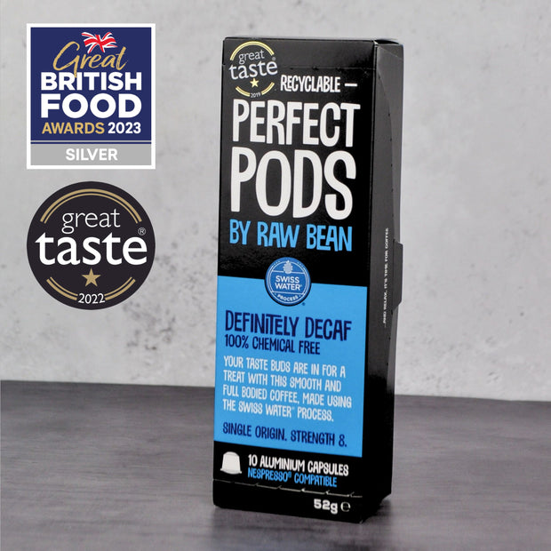Award winning Definitely Decaf Perfect Pods by Raw Bean. Pack of 10 aluminium Nespresso compatible capsules packed with Arabica coffee from El Eden, Colombia. Great British Food and Great Taste Awards. Decaffeinated using the Swiss Water Process, free of chemical solvents.