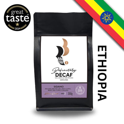 Great Taste award winning Ethiopian Sidamo Definitely Decaf by Raw Bean. Swiss Water 100% Chemical Free Process. Ground Coffee 200g. Tasting Notes: delicate and tea-like, zesty citric and berry notes, floral aromas. Medium Roast. Strength 2. 