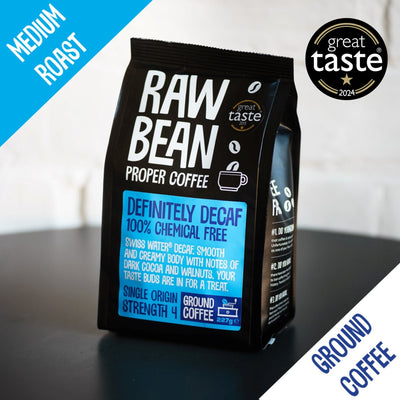 Raw Bean Definitely Decaf Single Origin ground coffee from El Eden Colombia. Great Taste Award. Medium Roast. Strength 4