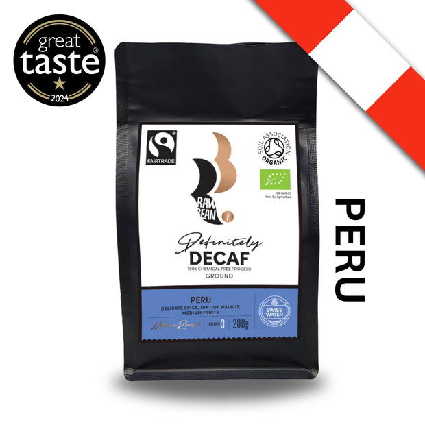 Great Taste award winning Peruvian Definitely Decaf by Raw Bean. Fairtrade, Organic, Swiss Water 100% Chemical Free Process. Ground Coffee 200g. Tasting Notes: Delicate spice, hint of walnut, medium fruity. Medium Roast. Strength 3.