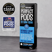 Award winning Definitely Decaf Perfect Pods by Raw Bean. Pack of 10 aluminium Nespresso compatible capsules packed with Arabica coffee from El Eden, Colombia. Great British Food and Great Taste Awards. Decaffeinated using the Swiss Water Process, free of chemical solvents.