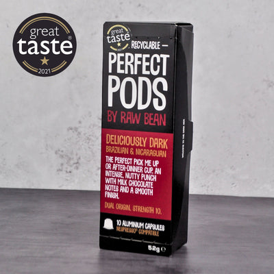 Great Taste Award winning Raw Bean Perfect Pods Deliciously Dark. 100% Arabica Brazilian and Nicaraguan coffee blend. Recyclable 100% aluminium capsules compatible with Nespresso original line machines