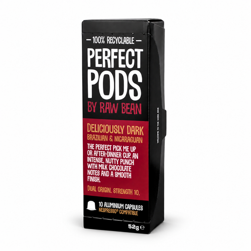 A tall rectangular black box of Deliciously Dark Perfect Pods by Raw Bean coffee capsules, featuring white and red text on a clean white background. Raw Bean Perfect Pods . Brazilian and Nicaraguan.