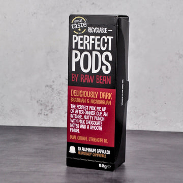 Raw Bean Perfect Pods Deliciously Dark. 100% Arabica Brazilian and Nicaraguan coffee blend. Recyclable 100% aluminium capsules compatible with Nespresso original line machines 
