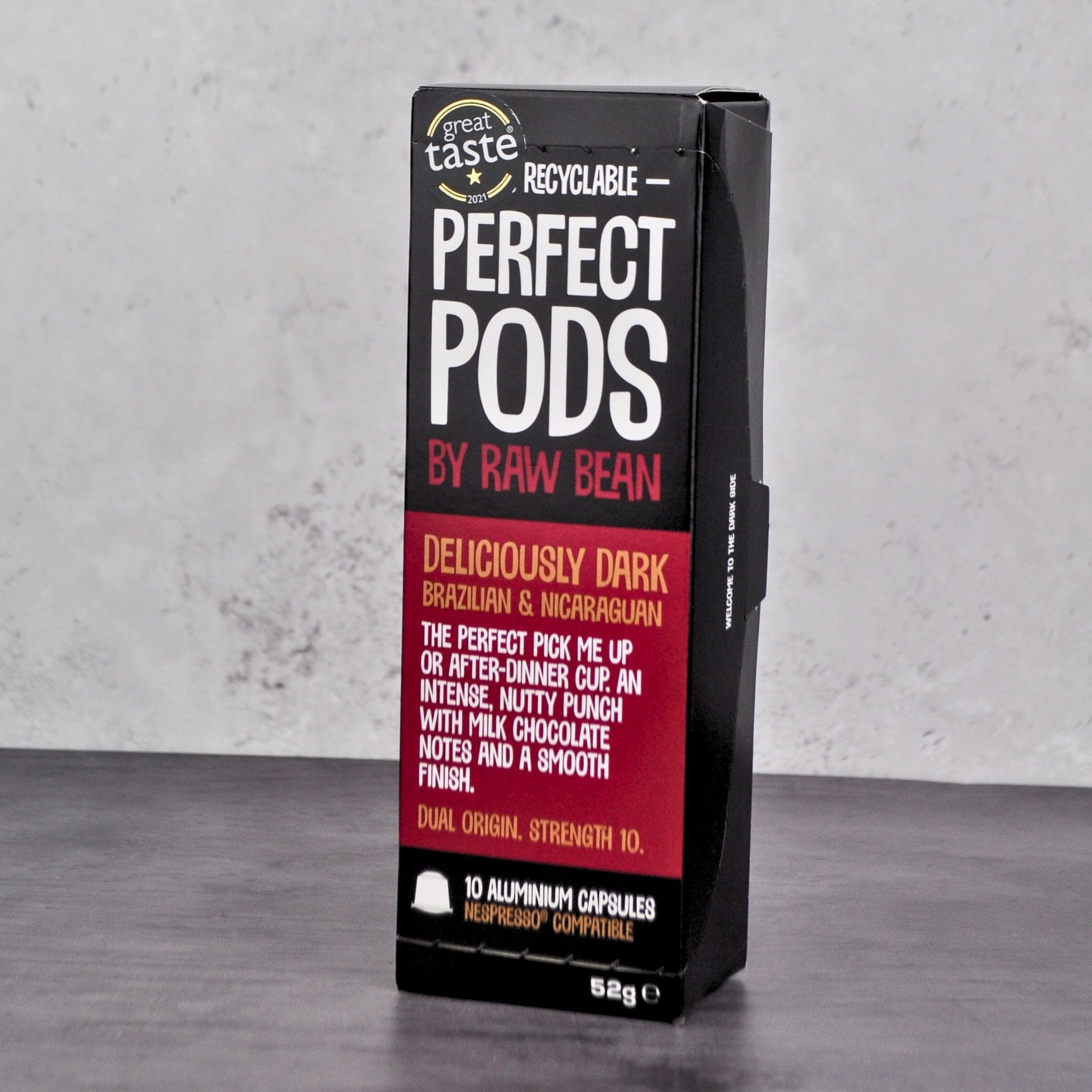 Raw Bean Perfect Pods Deliciously Dark. 100% Arabica Brazilian and Nicaraguan coffee blend. Recyclable 100% aluminium capsules compatible with Nespresso original line machines 
