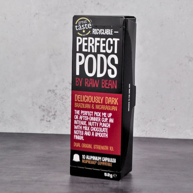 Raw Bean Perfect Pods Deliciously Dark. 100% Arabica Brazilian and Nicaraguan coffee blend. Recyclable 100% aluminium capsules compatible with Nespresso original line machines 