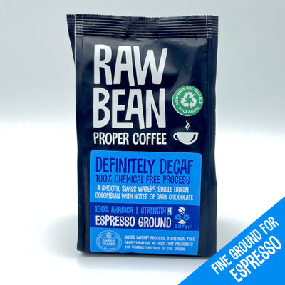 Raw Bean Definitely Decaf Espresso Ground. A smooth Swiss Water, single origin Colombian coffee, fine ground for use in espresso machines