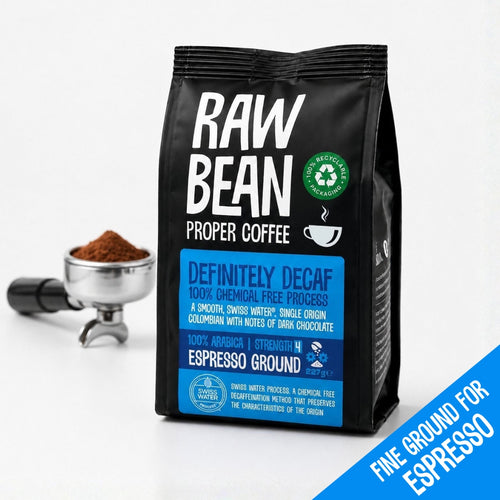 A bag of Raw Bean Espresso Ground Definitely Decaf and a portafilter of fine ground espresso coffee on a white background. The pack describes the Arabica single origin Colombian coffee and the chemical free Swiss Water Process.