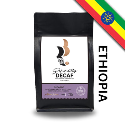 Ethiopian Sidamo Definitely Decaf by Raw Bean. Swiss Water 100% Chemical Free Process. Ground Coffee 200g. Tasting Notes: delicate and tea-like, zesty citric and berry notes, floral aromas. Medium Roast. Strength 2. 