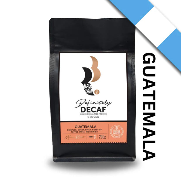 200g pack of Guatemala Definitely Decaf ground coffee by Raw Bean. Decaffeinated by Swiss Water Process the 100% Chemical Free Process. Tasting Notes: Complex, sweet, spicy, notes of toffee apple, rich finish. Medium Roast. Strength 3. 