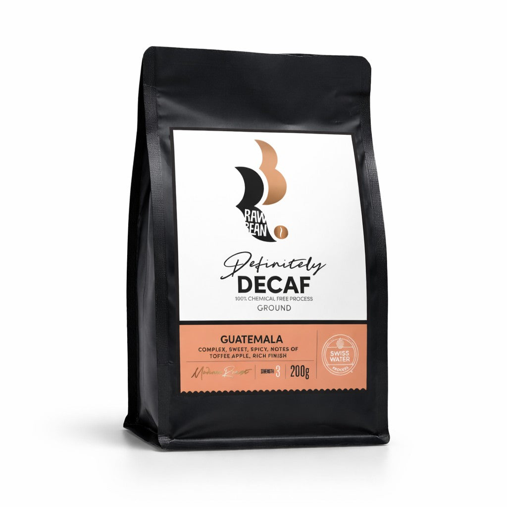 200g pack of Guatemala Definitely Decaf ground coffee by Raw Bean. Decaffeinated by Swiss Water Process the 100% Chemical Free Process. Tasting Notes: Complex, sweet, spicy, notes of toffee apple, rich finish. Medium Roast. Strength 3. 