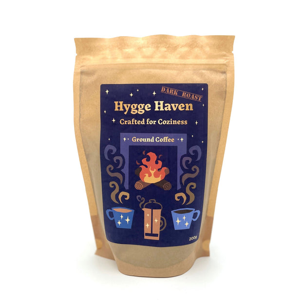 Hygge Haven Dark Roast Ground Coffee from Raw Bean. "Crafted for coziness" . 200g resealable pack