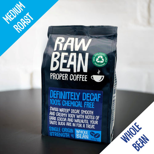 Raw Bean Proper Coffee, Definitely Decaffeinated, Swiss Water Process, Medium Roast, Coffee Beans in a 227g recyclable pack