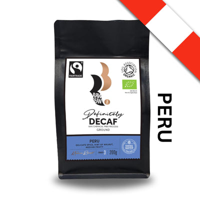 Peruvian Definitely Decaf by Raw Bean. Fairtrade, Organic, Swiss Water 100% Chemical Free Process. Ground Coffee 200g. Tasting Notes: Delicate spice, hint of walnut, medium fruity. Medium Roast. Strength 3.