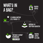 What's in a bag infographic for Breakfast Blend coffee bean bags: 12g fill and pyramid-inspired design
