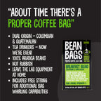 Breakfast Blend Bean Bags box of 10 with bullet points: dual origin Colombian and Guatemalan, 100% arabica