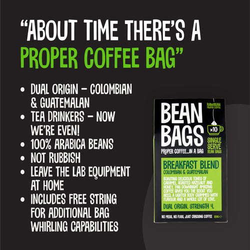 Breakfast Blend Bean Bags box of 10 with bullet points: dual origin Colombian and Guatemalan, 100% arabica
