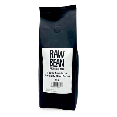 Raw Bean Proper Coffee 1Kg of South American Specialty Blend Beans in a black recyclable bag