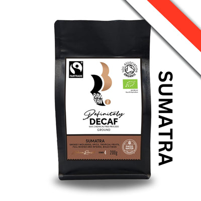 Sumatran Definitely Decaf by Fairtrade, Organic, Swiss Water 100% Chemical Free Process. Ground Coffee 200g. Tasting Notes: Smokey molasses, spice, tropical fruits, full bodied and intense, bold finish. Medium Roast. Strength 4.