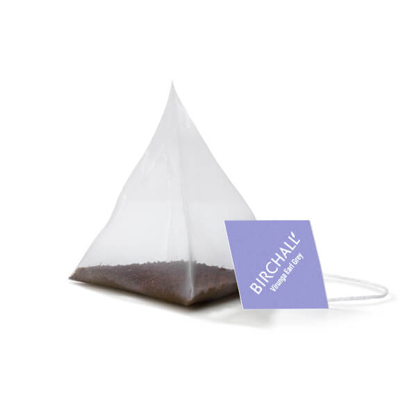 Prism tea bag with a string and Birchall Virunga Earl Grey tag