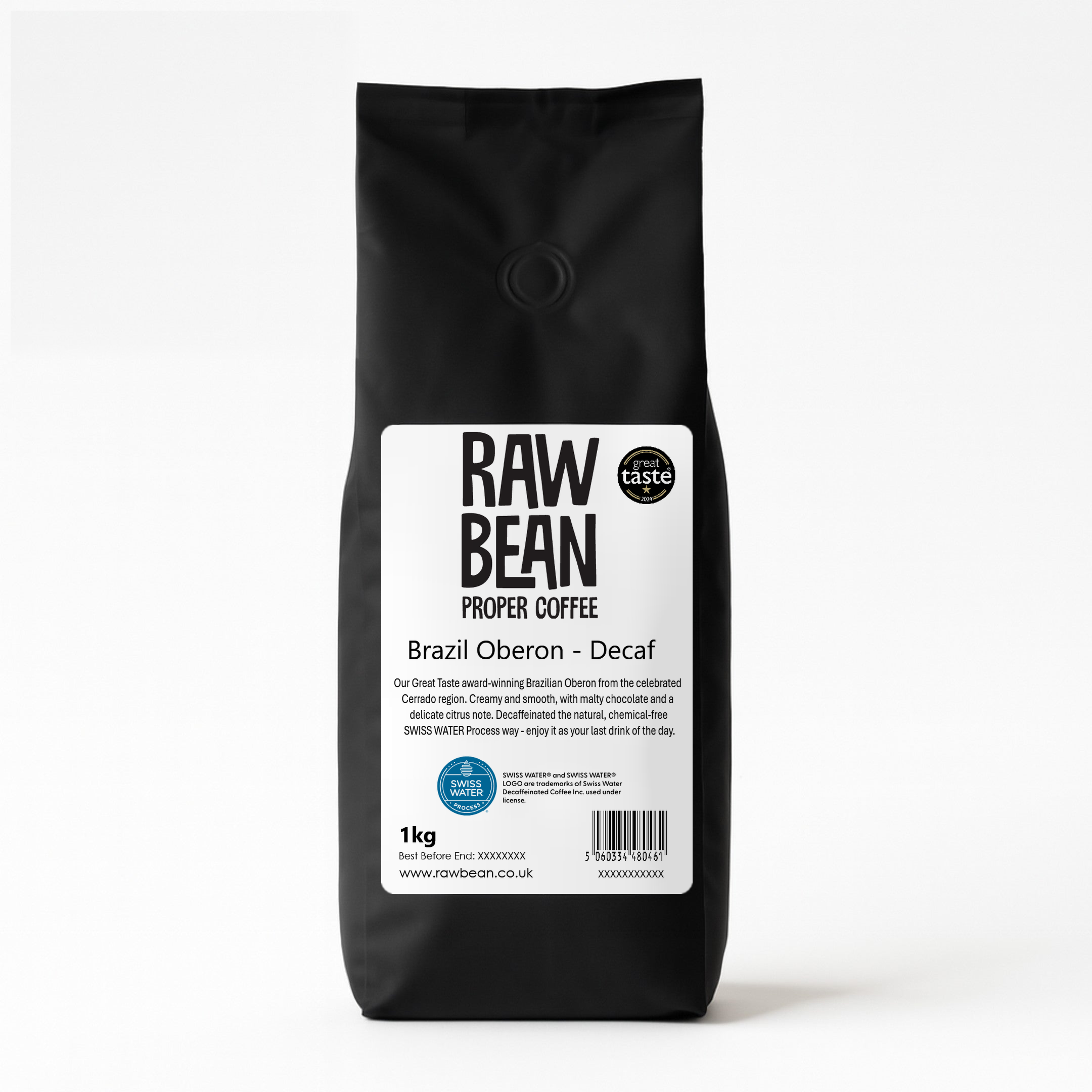 Raw Bean Brazil Oberon Decaf 1kg coffee beans pack