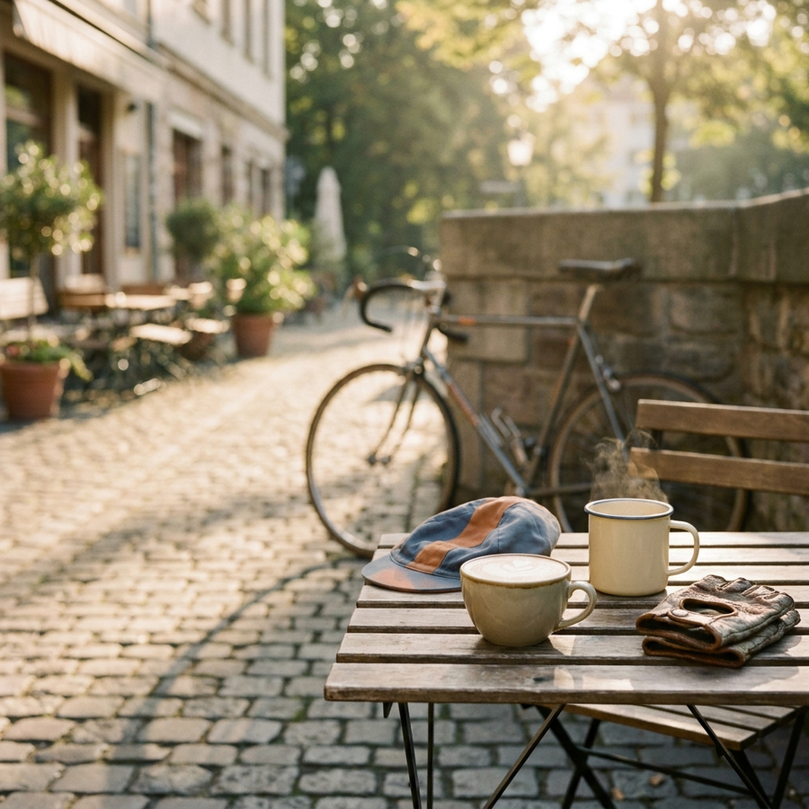 A cafe table with coffee, a cycling cap and mitts, a bike behind
