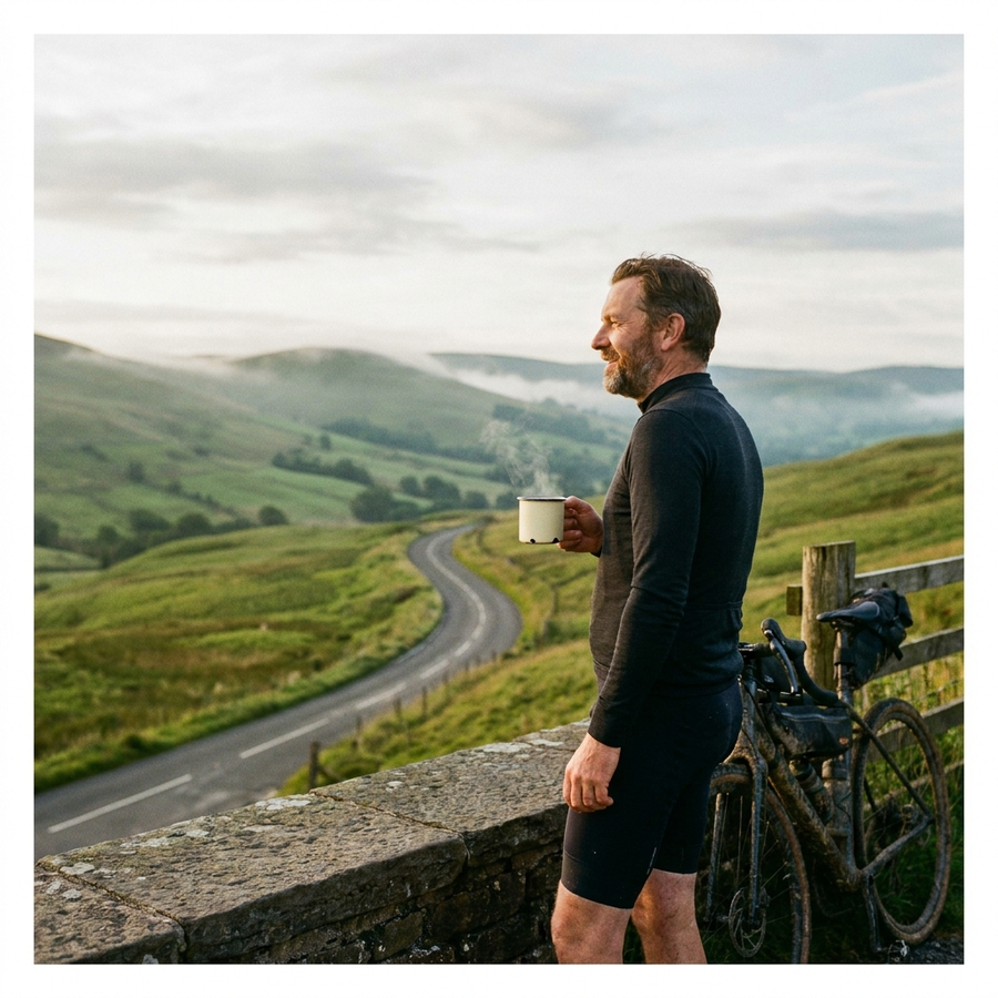 A cyclist pausing at a hilltop viewpoint with a mug of coffee