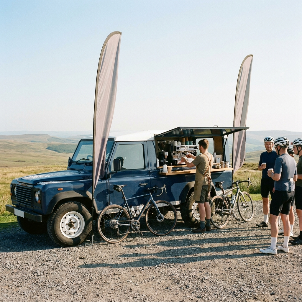 A coffee van parked at a fell with road bikes leaning against it