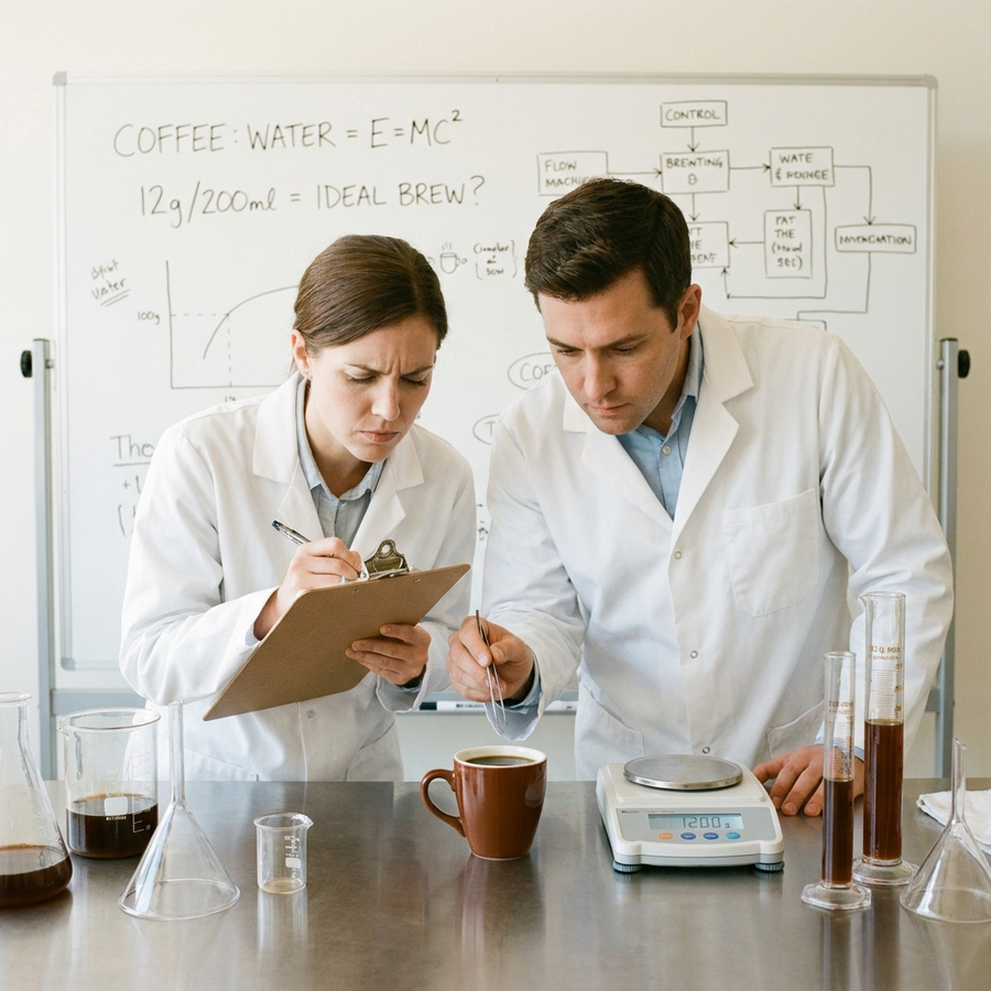 Two coffee scientists measuring the perfect 12g dose in a lab