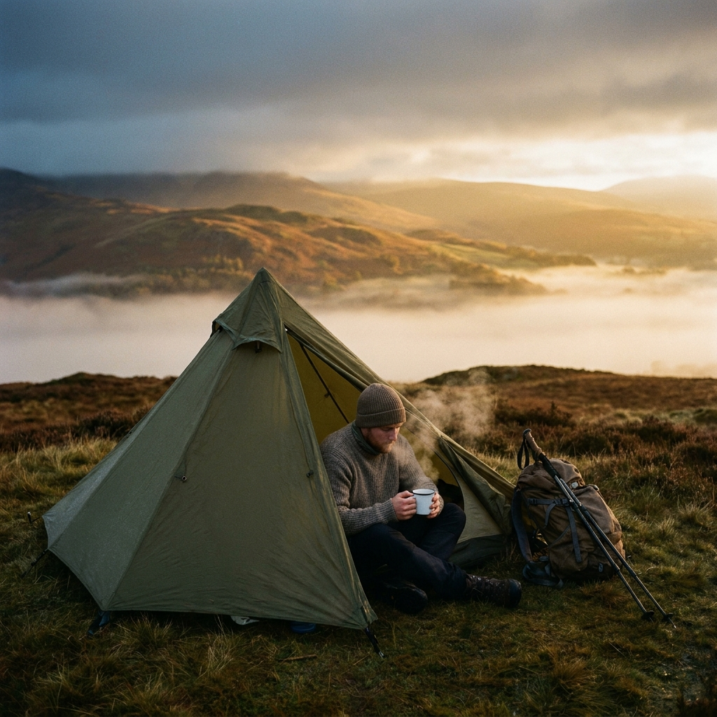 A tent at first light on a wild-camping pitch with a mug of coffee