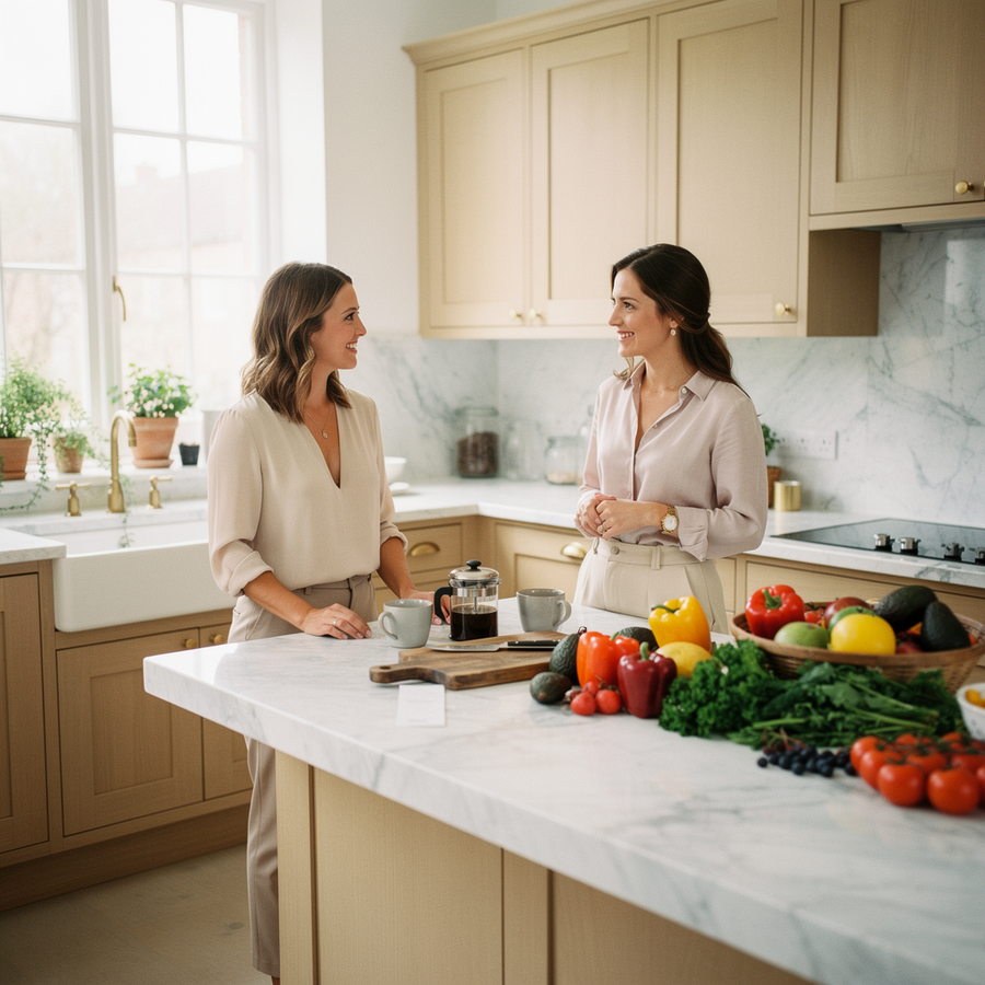 A nutritionist and her client in a bright kitchen with fresh produce, a cafetiere and fresh produce