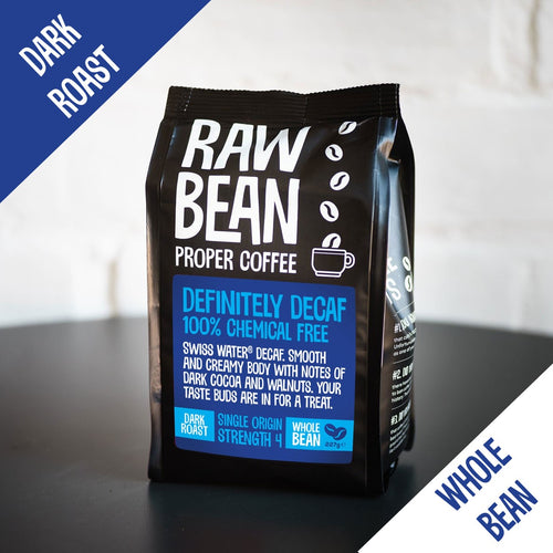 Definitely Decaf dark roast whole bean coffee 227g, front of pack with dark roast and whole bean corner banners